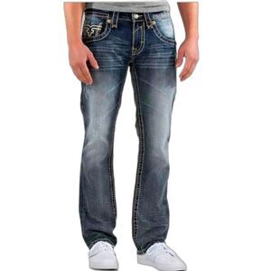 Rock Revival Y2K Gary Blue Medium Wash Distressed Straight Leg Jeans Size 38